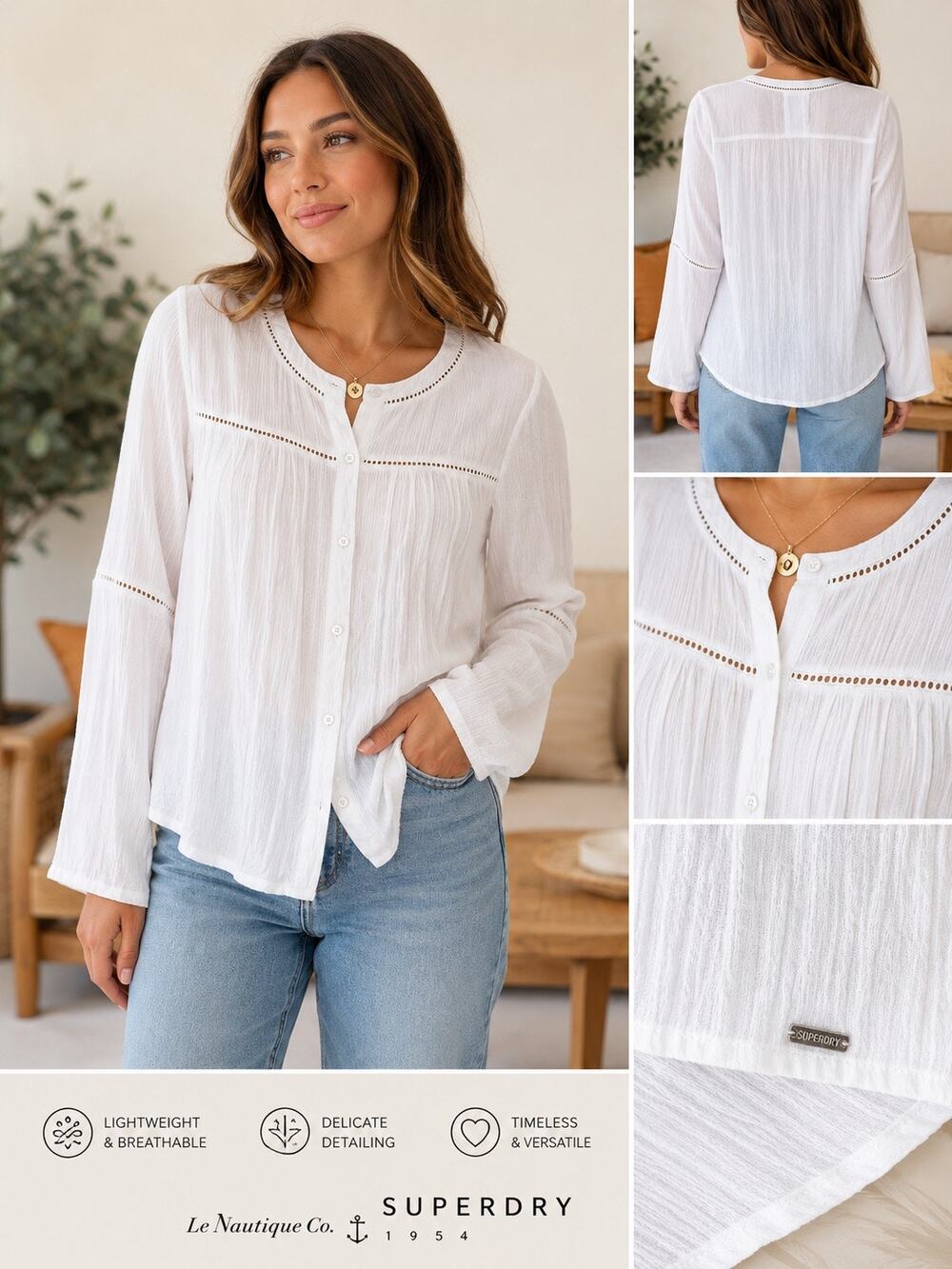 Superdry White Peasant Blouse Womens Small Boho Crinkle Button Top